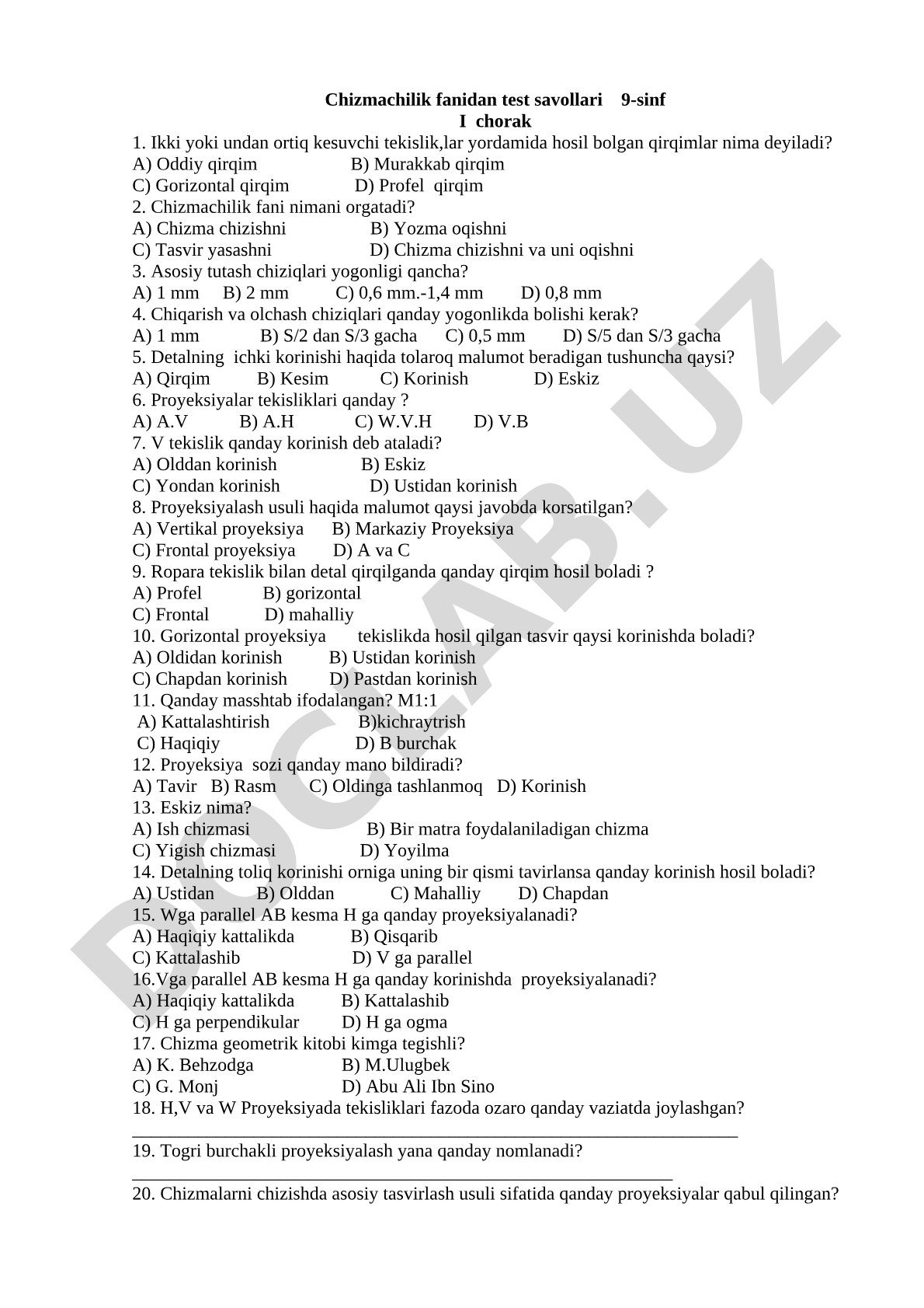 Chizmachilik fanidan 9-sinf I chorak test savollari