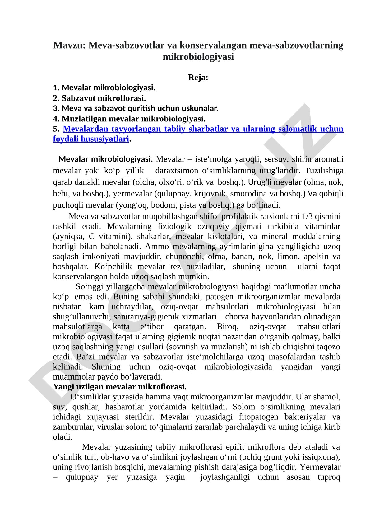 Meva-sabzovotlar va konservalangan meva-sabzovotlarning mikrobiologiyasi