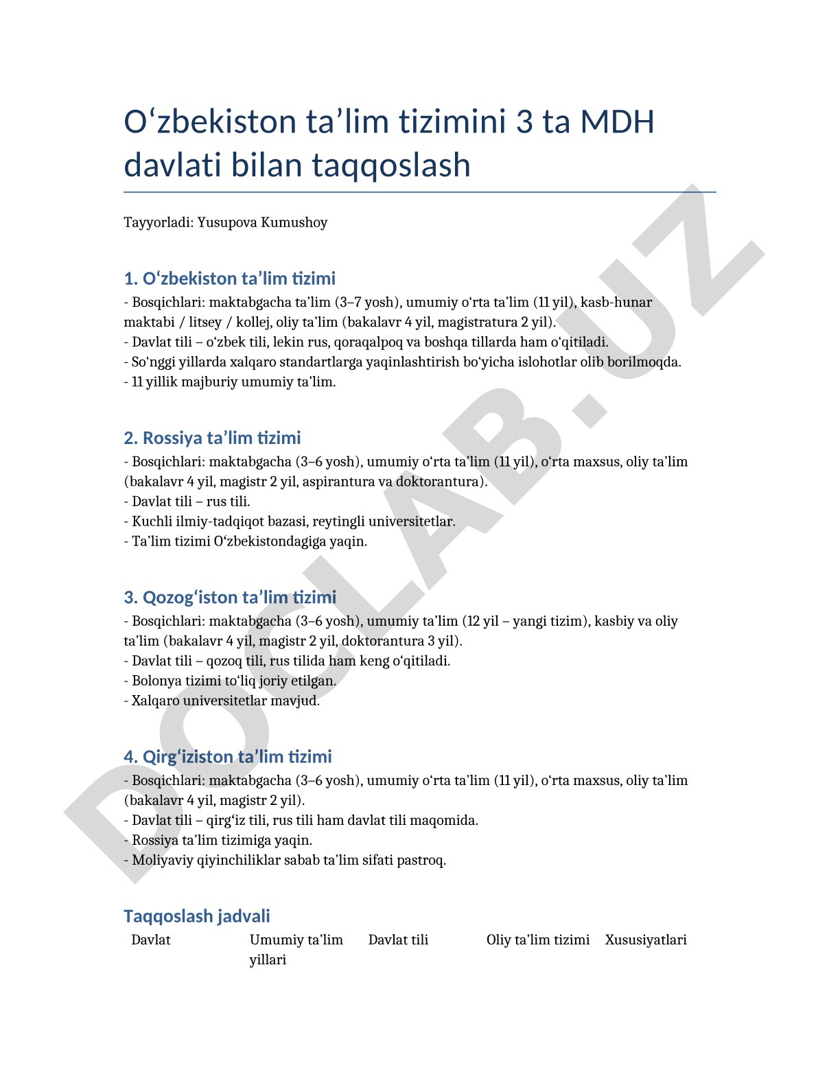 Oʻzbekiston taʼlim tizimini 3 ta MDH davlati bilan taqqoslash
