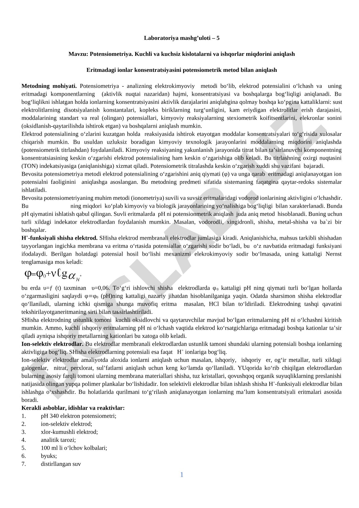 Potensiometriya. Kuchli va kuchsiz kislotalarni va ishqorlar miqdorini aniqlash