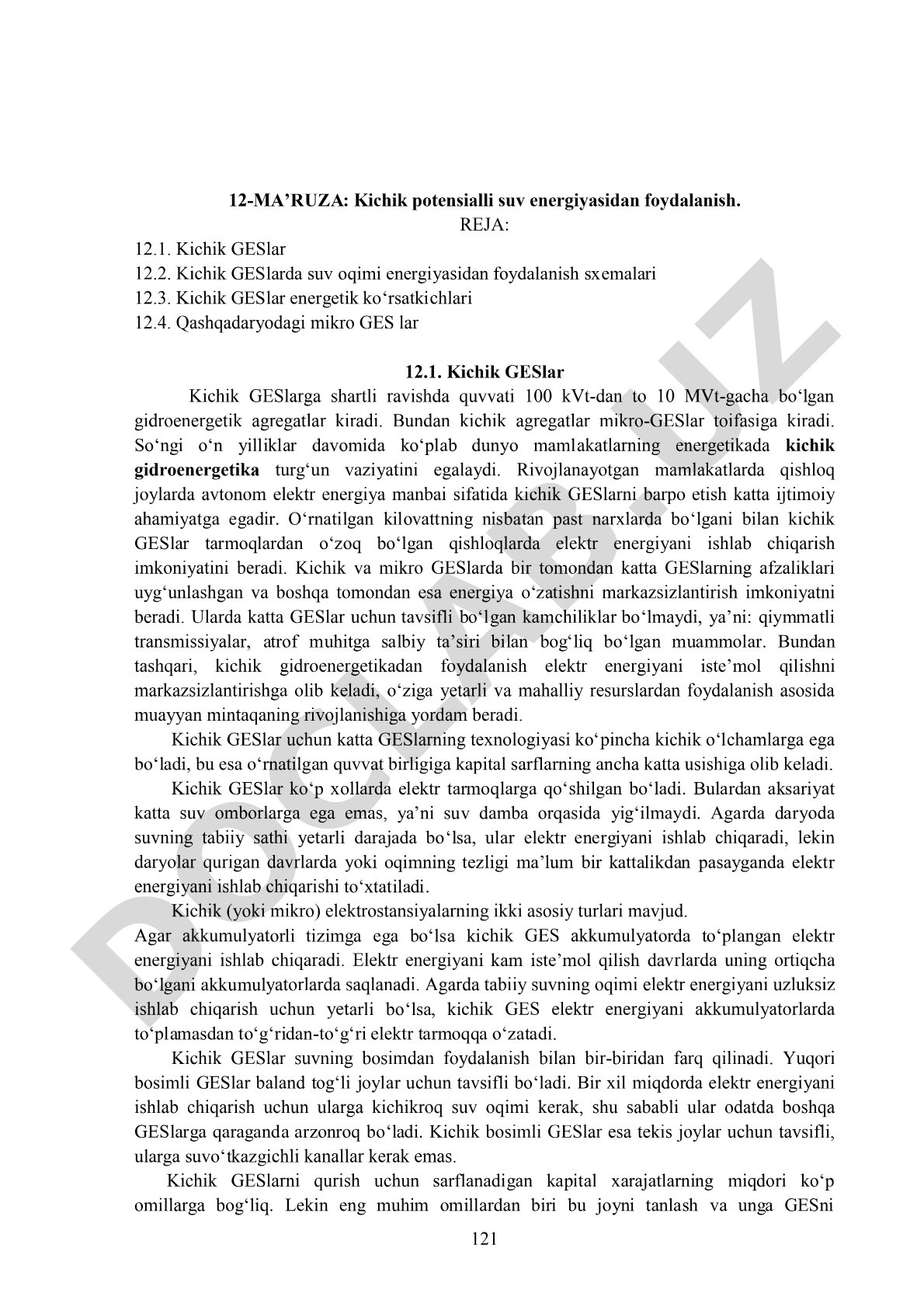 Kichik GESlarda suv oqimi energiyasidan foydalanish sxemalari