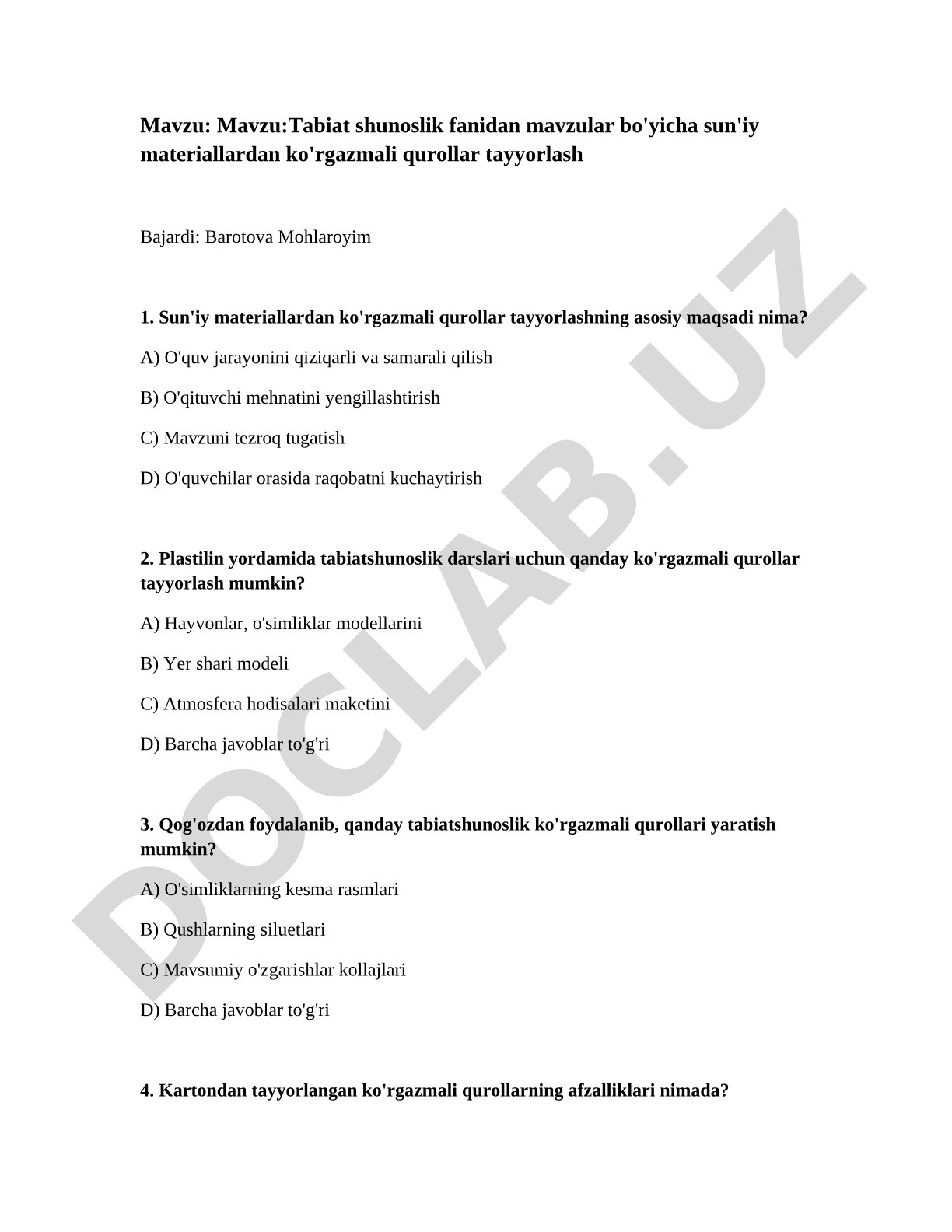 Tabiat shunoslik fanidan mavzular bo'yicha sun'iy materiallardan ko'rgazmali qurollar tayyorlash
