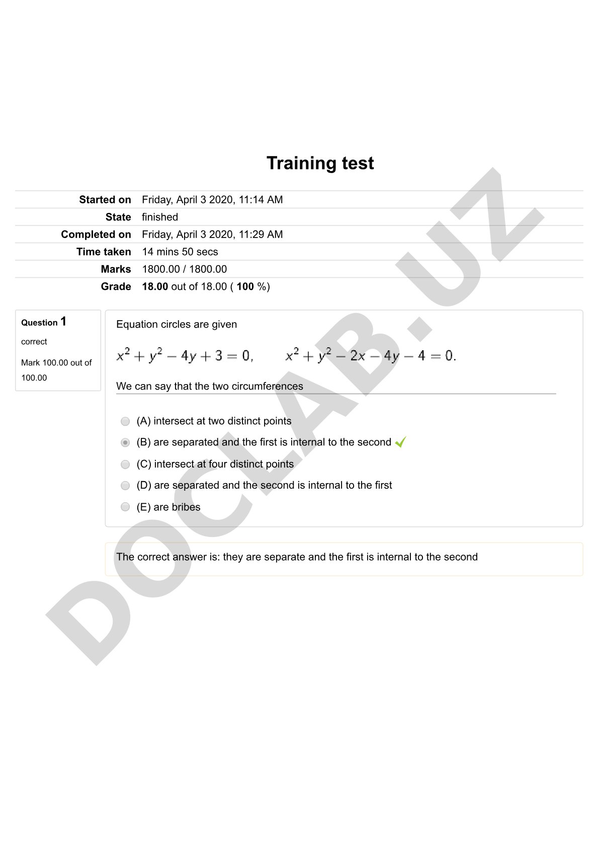 Mathematics training test on equations and circles