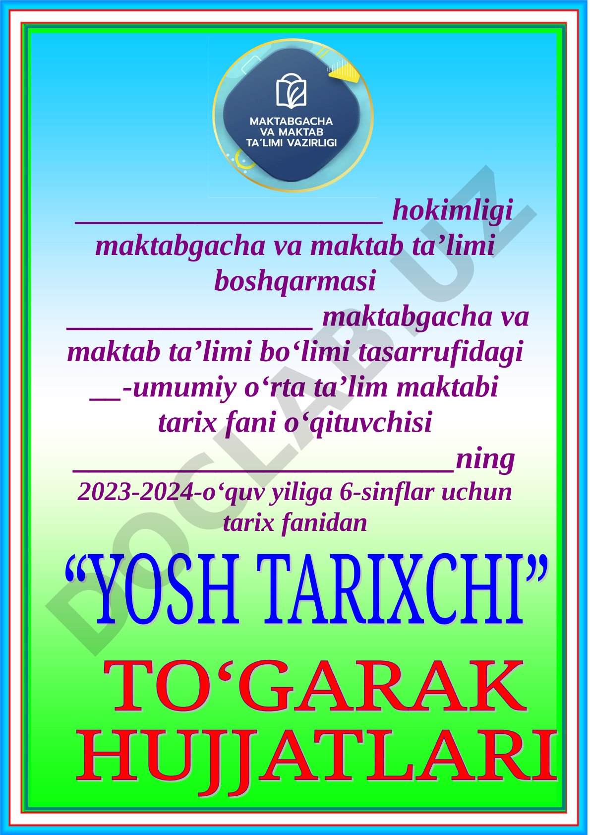 Yosh tarixchi nomli to‘garagining ish rejasi