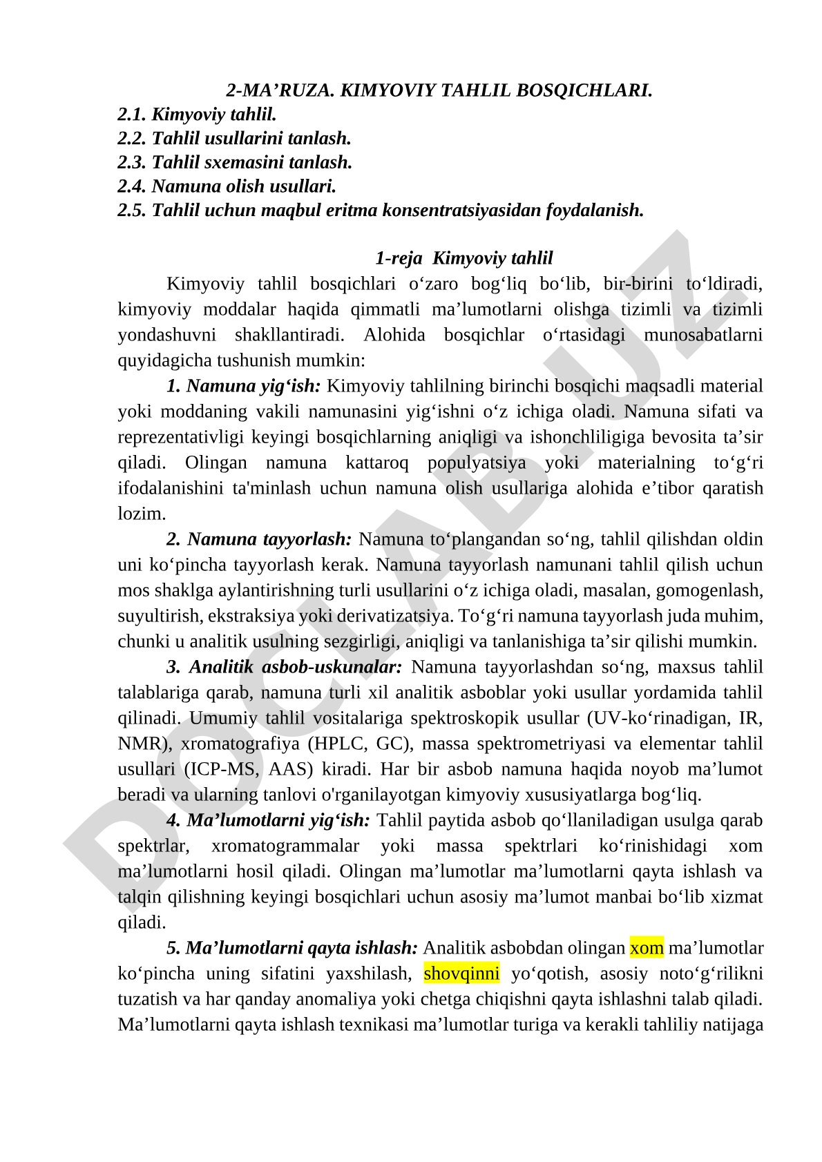 Kimyoviy tahlil bosqichlari: namuna olish, tayyorlash, usul va sxema tanlash haqida