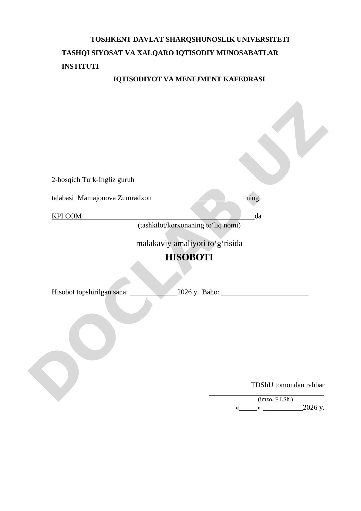 KPI COM da malakaviy amaliyot hisoboti