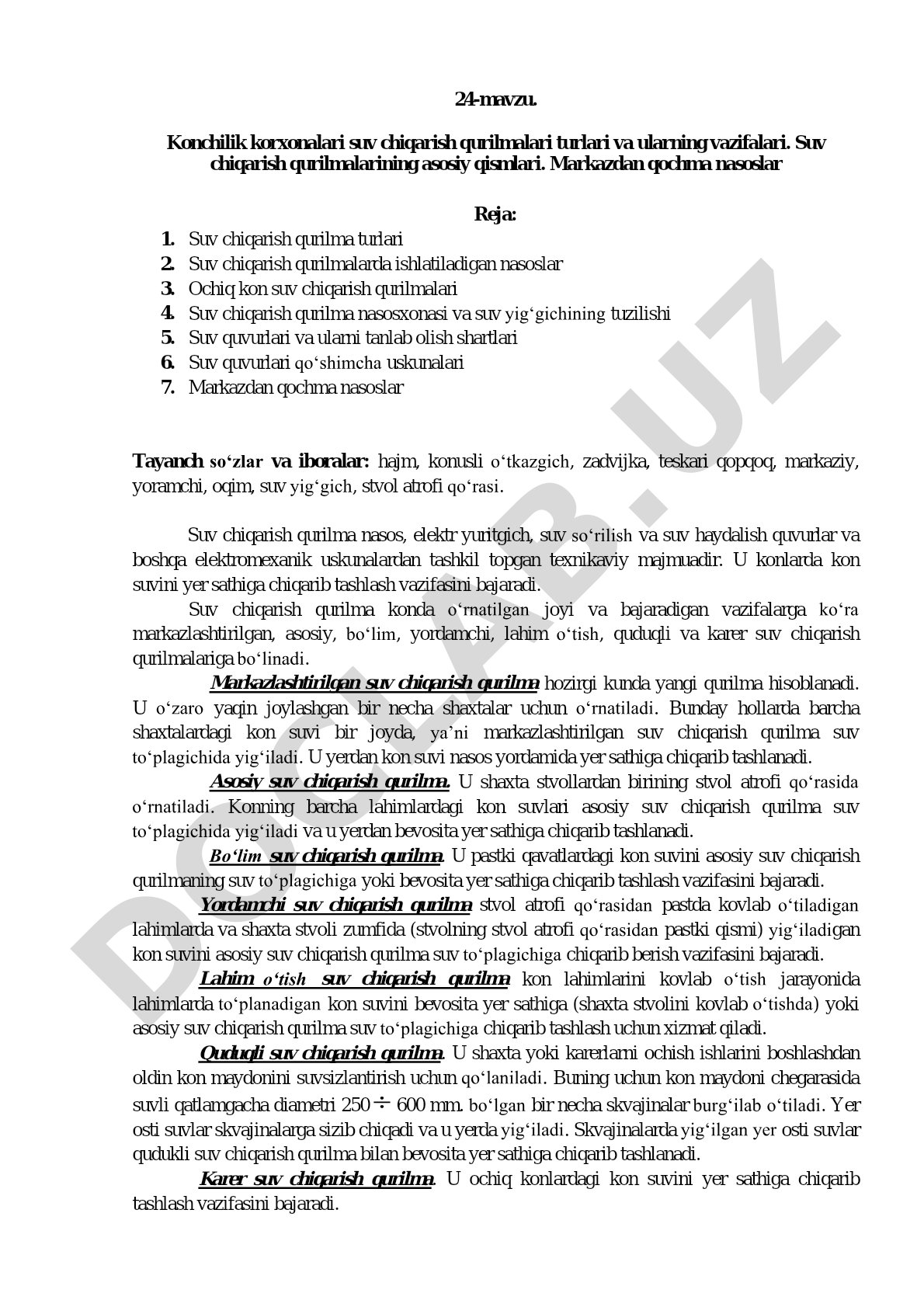 Konchilik korxonalari suv chiqarish qurilmalari turlari va ularning vazifalari