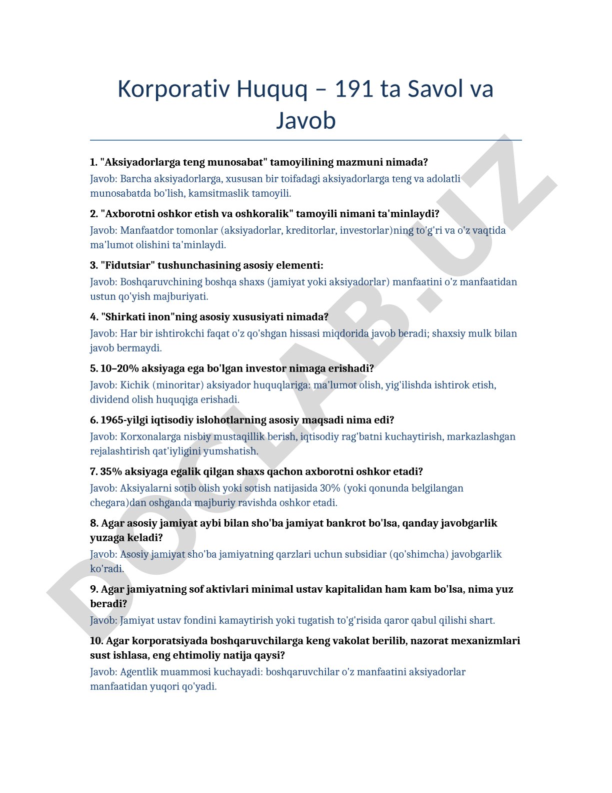 Korporativ Huquq – 191 ta Savol va Javob