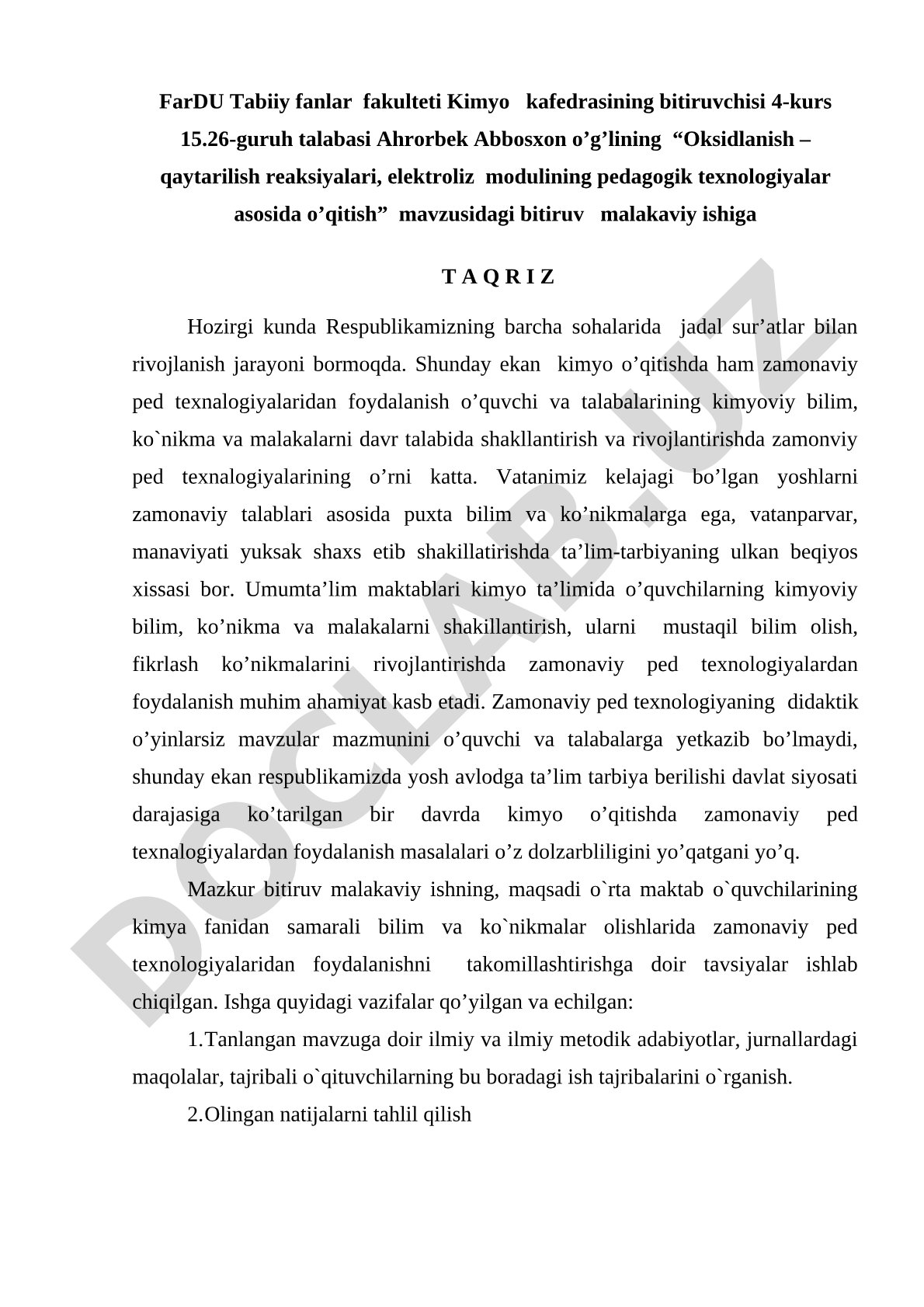 Oksidlanish – qaytarilish reaksiyalari, elektroliz modulining pedagogik texnologiyalar asosida o’qitish