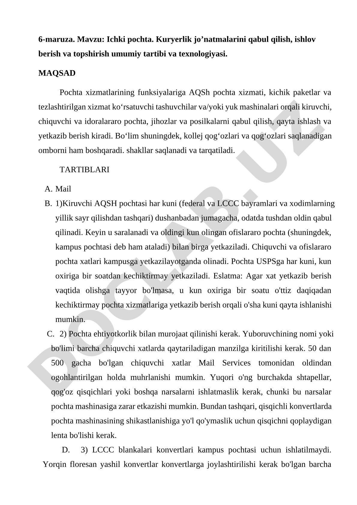 Ichki pochta. Kuryerlik jo’natmalarini qabul qilish, ishlov berish va topshirish umumiy tartibi va texnologiyasi