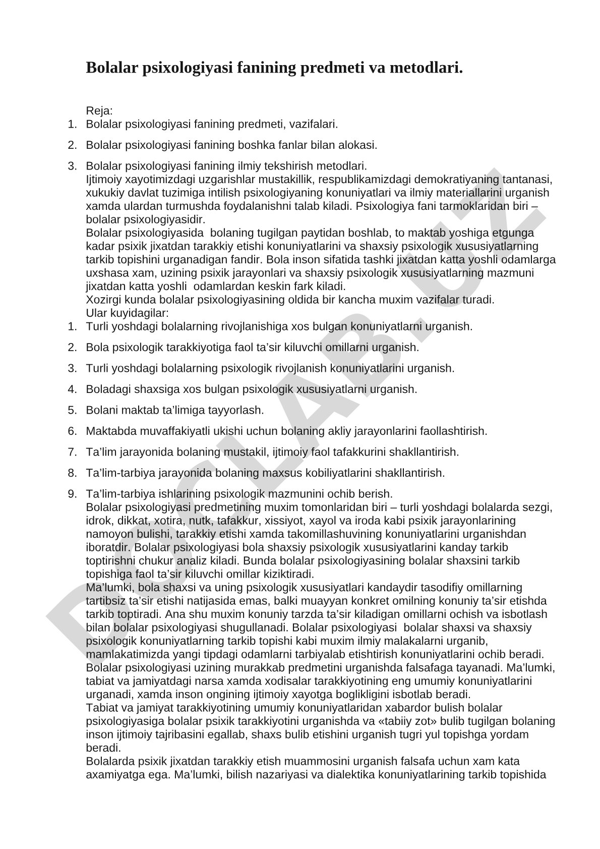 Bolalar psixologiyasi fanining predmeti va metodlari