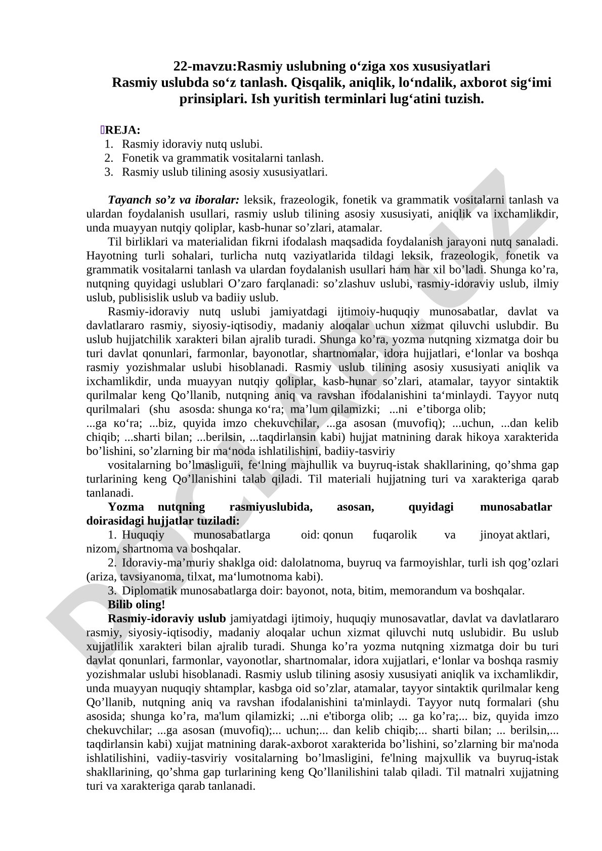 Rasmiy uslubning o‘ziga xos xususiyatlari