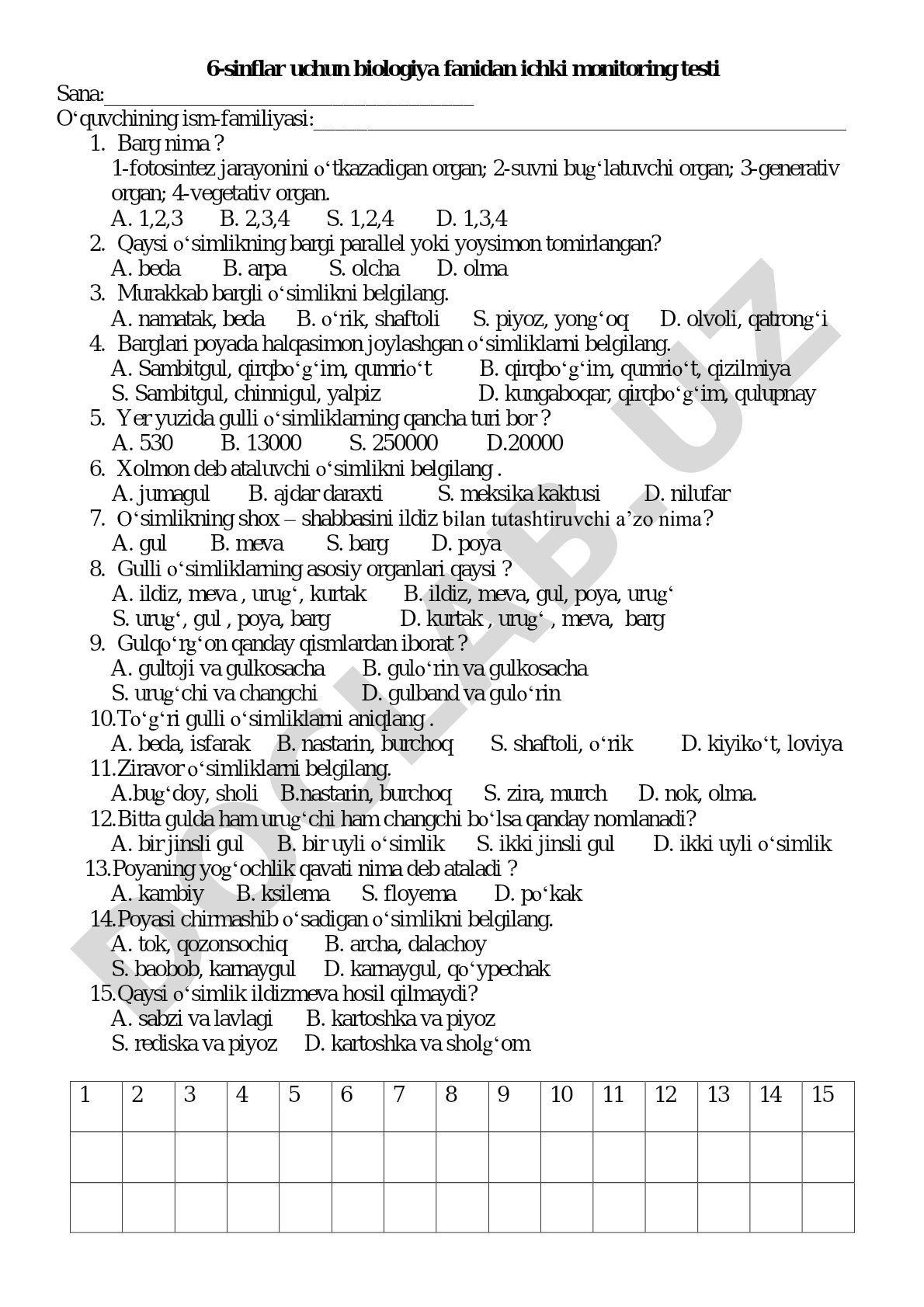6-sinflar uchun biologiya fanidan ichki monitoring testi