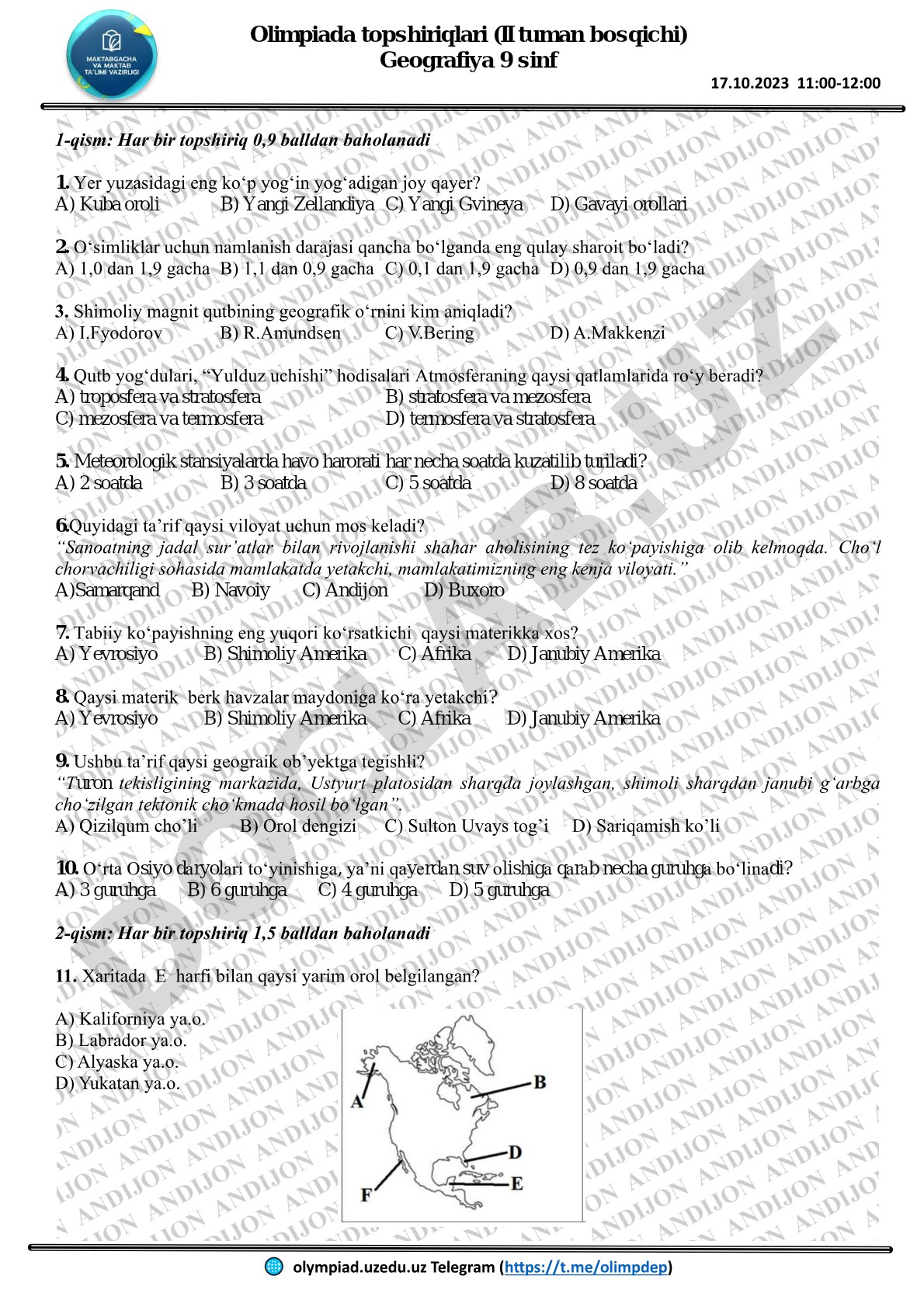 Geografiya 9-sinf olimpiada topshiriqlari (II tuman bosqichi)