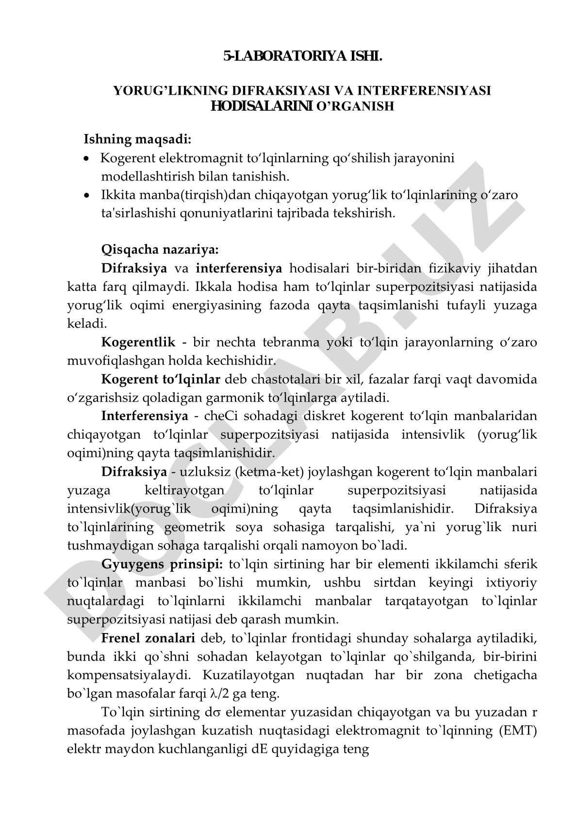 YORUG'LIKNING DIFRAKSIYASI VA INTERFERENSIYASI HODISALARINI O'RGANISH