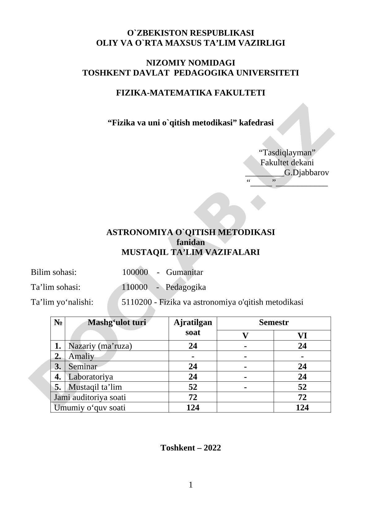 Astronomiya o'qitish metodikasi fanidan mustaqil ta'lim vazifalari