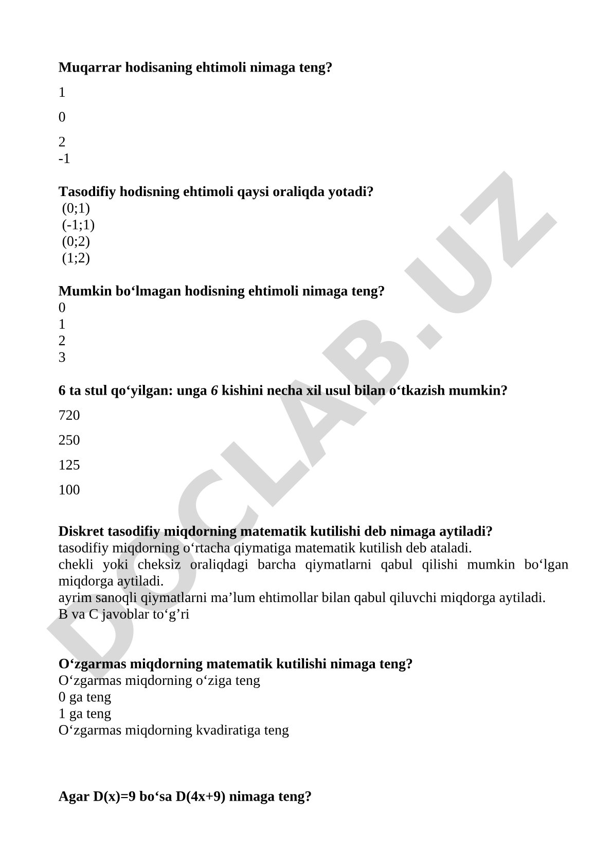 Ehtimollar nazariyasi va matematik statistika savollari