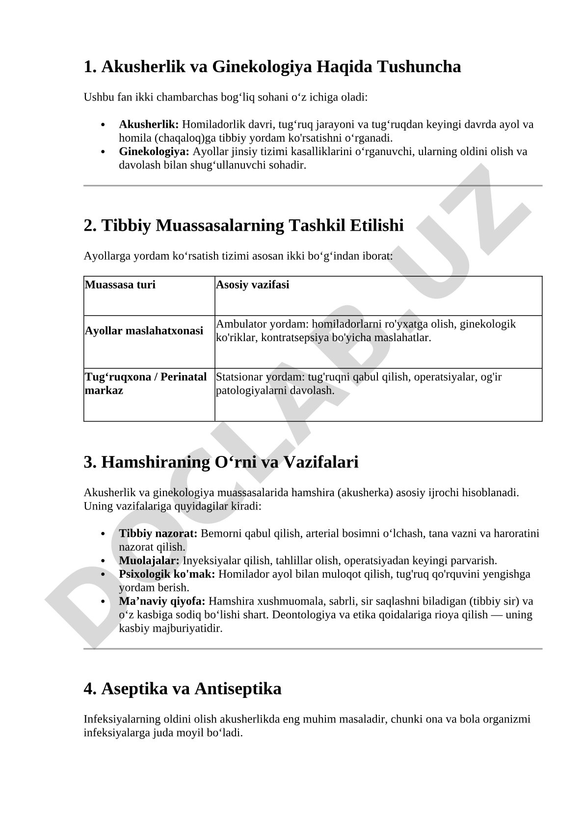 Akusherlik va ginekologiya asoslari va hamshira vazifalari