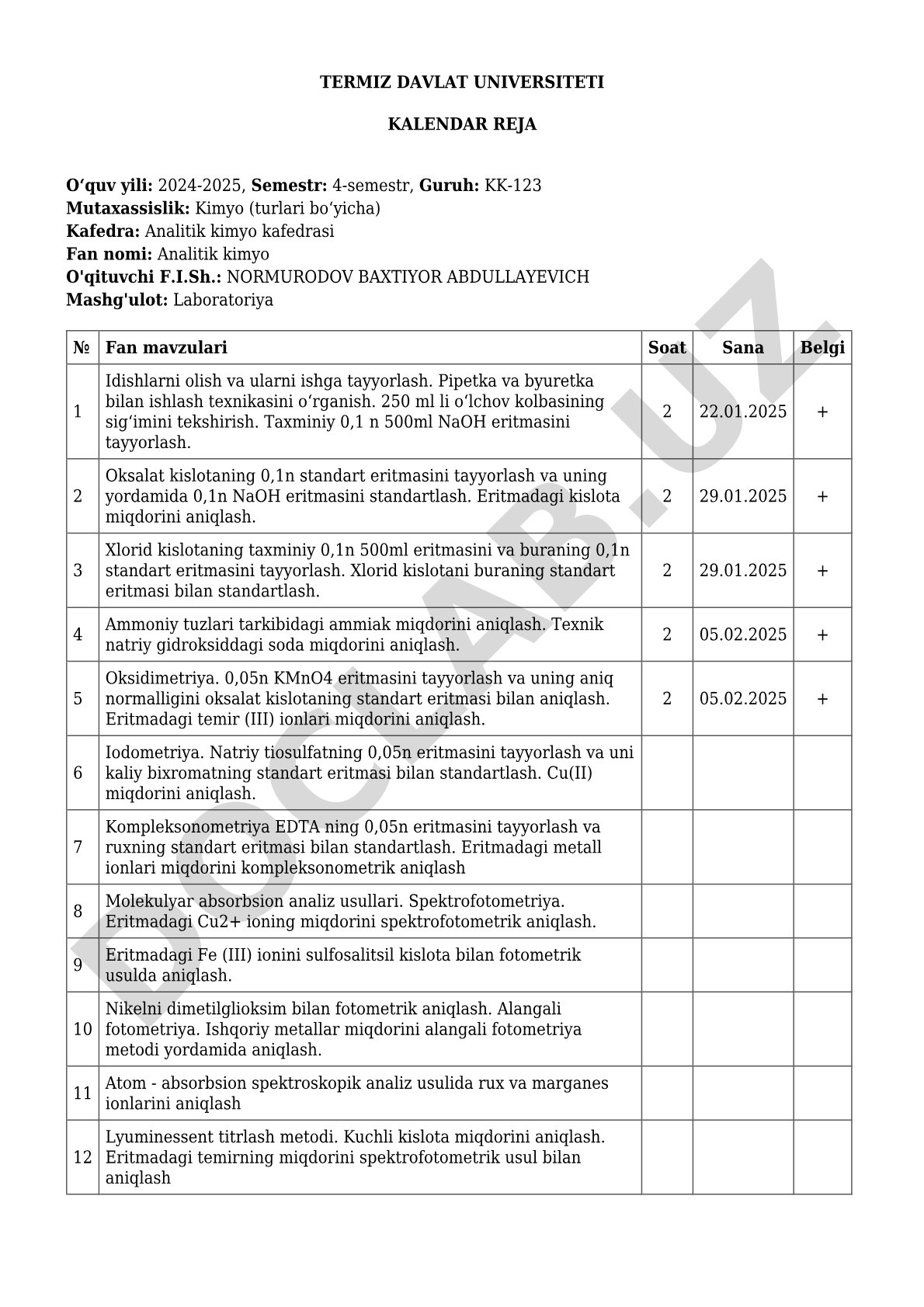 Analitik kimyo fanidan laboratoriya mashg'ulotlari kalendar rejasi