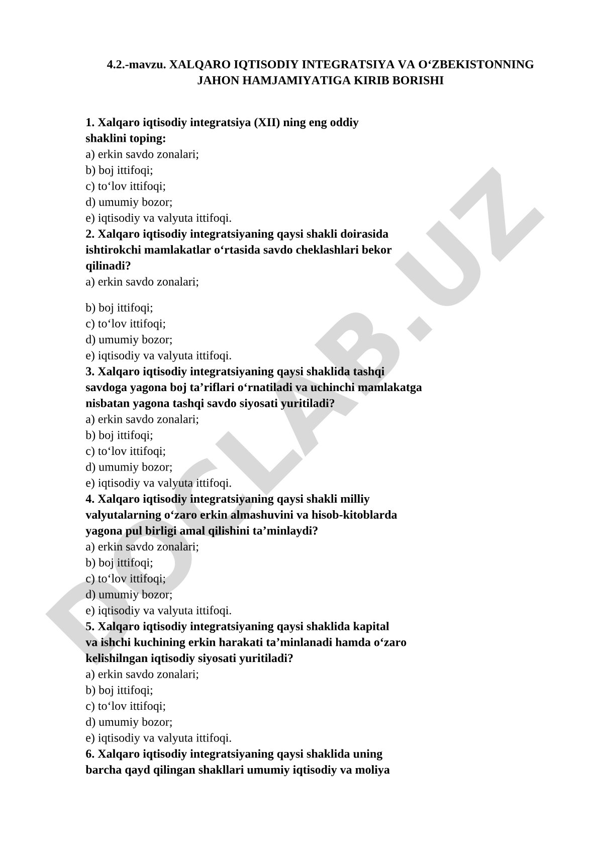 Xalqaro iqtisodiy integratsiya va O‘zbekistonning jahon hamjamiyatiga kirib borishi