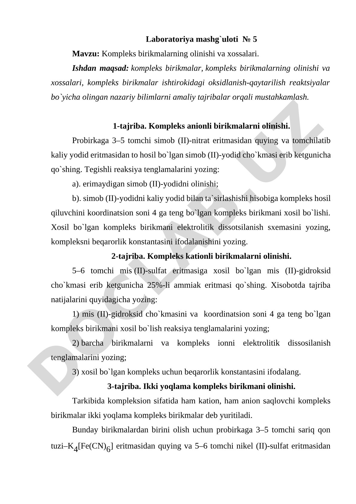 Kompleks birikmalarning olinishi va xossalari