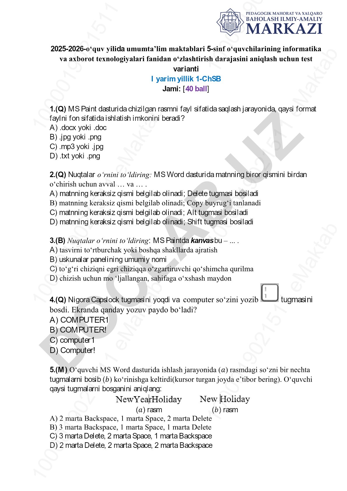 5-sinf informatika fanidan test variantlari
