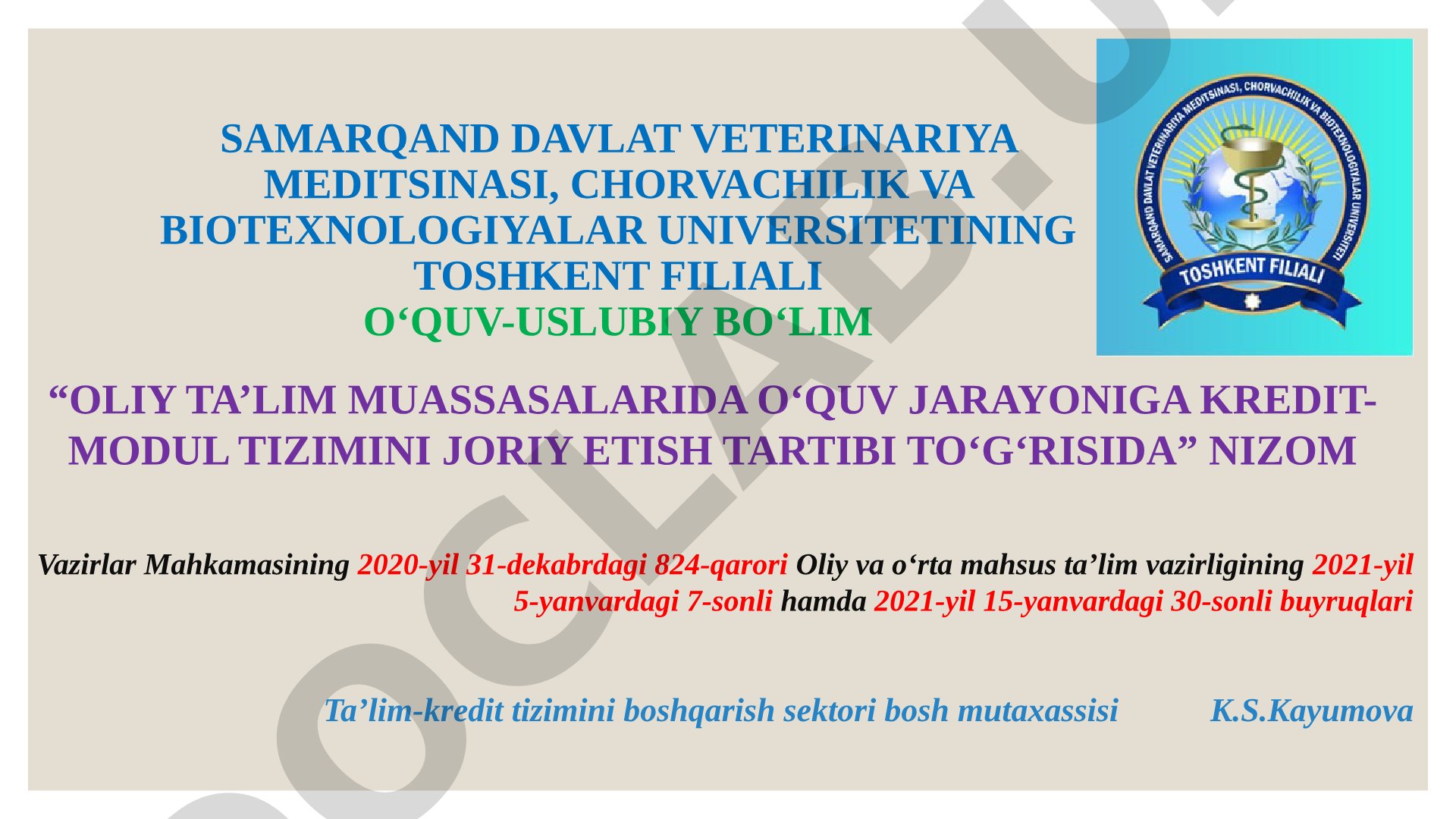 Oliy ta’lim muassasalarida o‘quv jarayoniga kredit-modul tizimini joriy etish tartibi to‘g‘risida