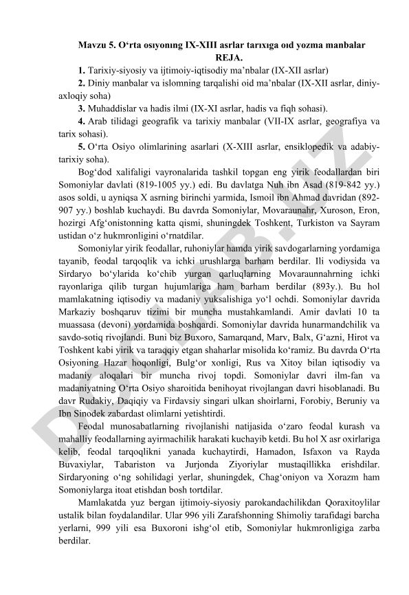 O‘rta Osiyoning IX-XIII asrlar tarixiga oid yozma manbalar