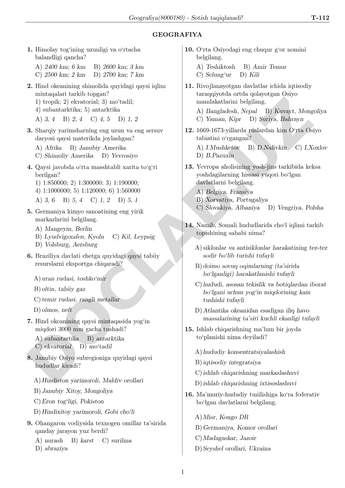 Geografiya test savollari