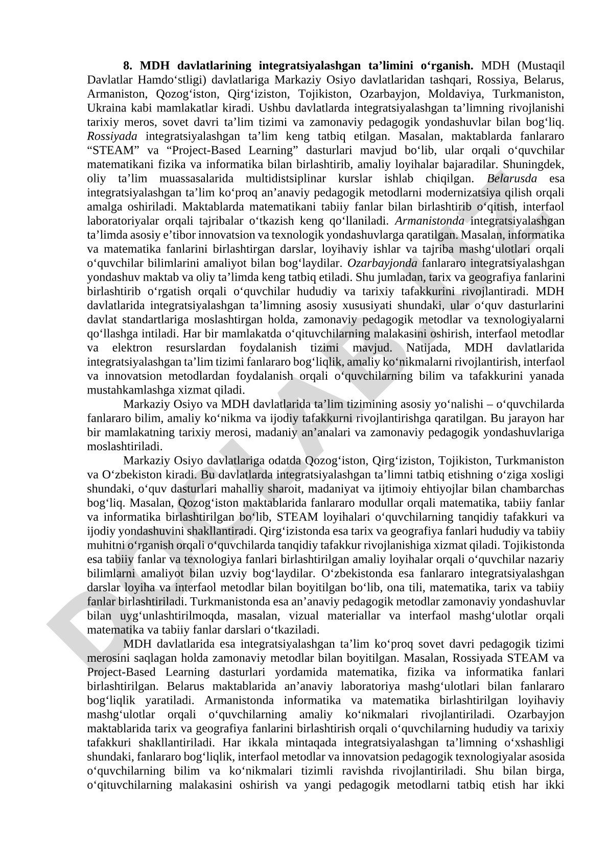 MDH davlatlarining integratsiyalashgan ta’limini o‘rganish