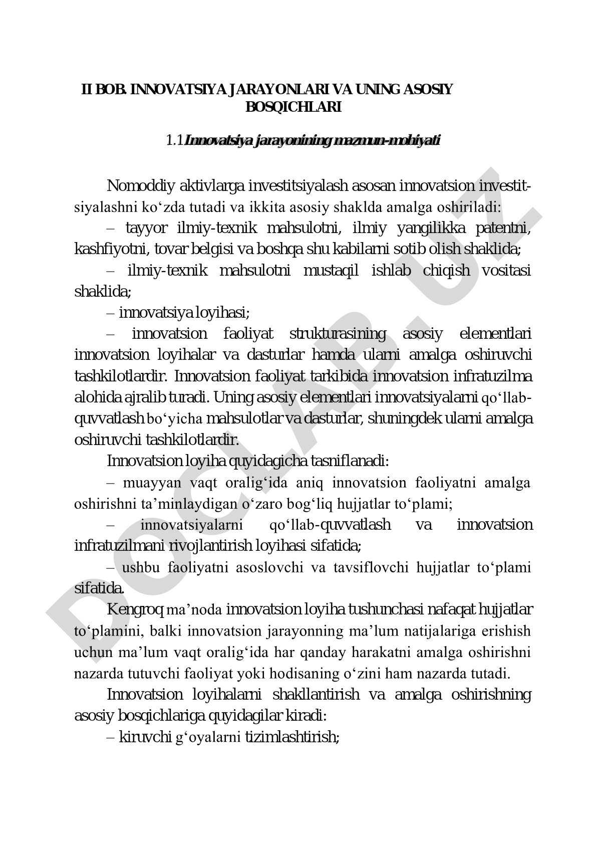 Innovatsiya jarayonining mazmun-mohiyati va innovatsion loyihalar tasnifi