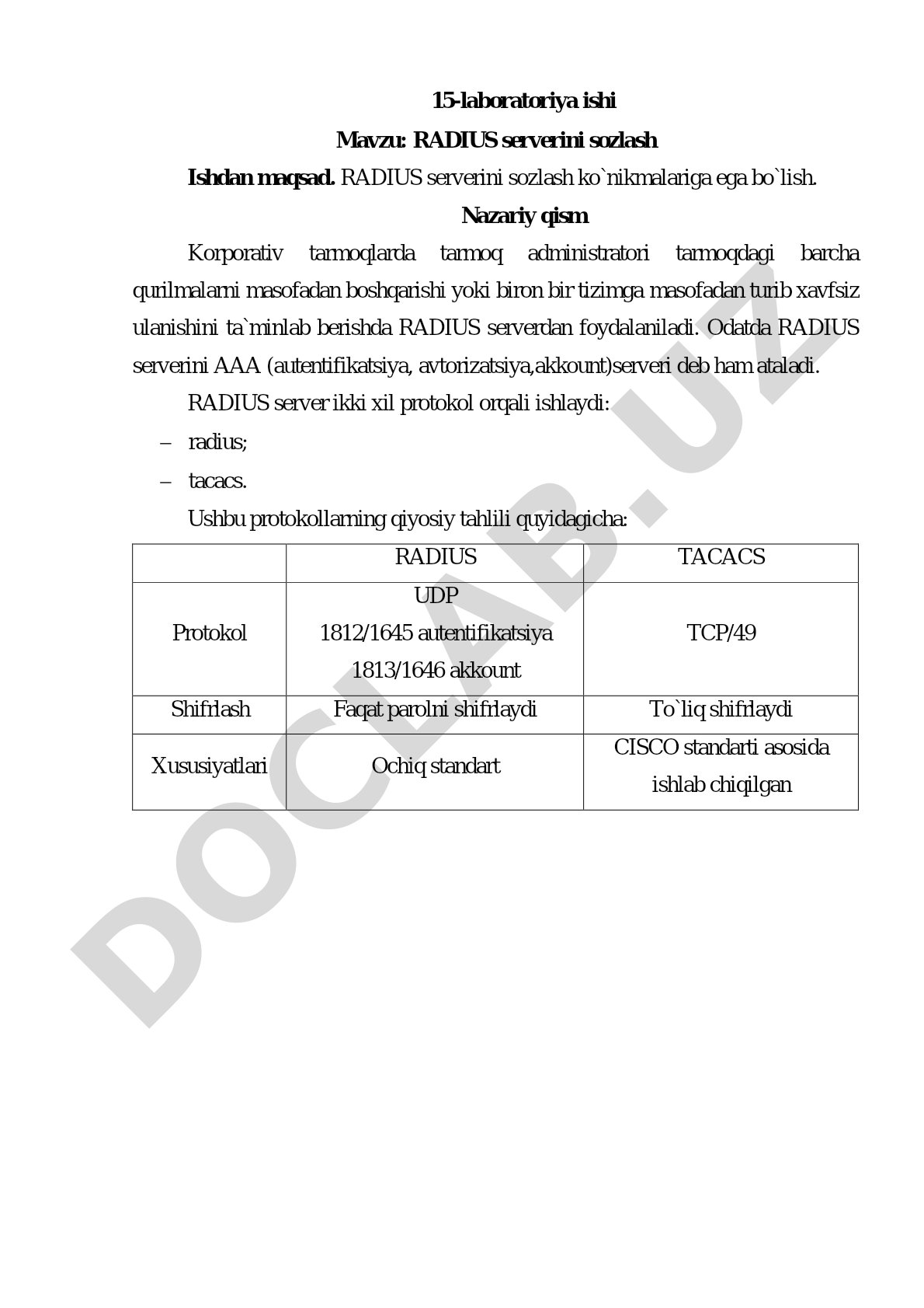 RADIUS serverini sozlash ko'nikmalariga ega bo'lish