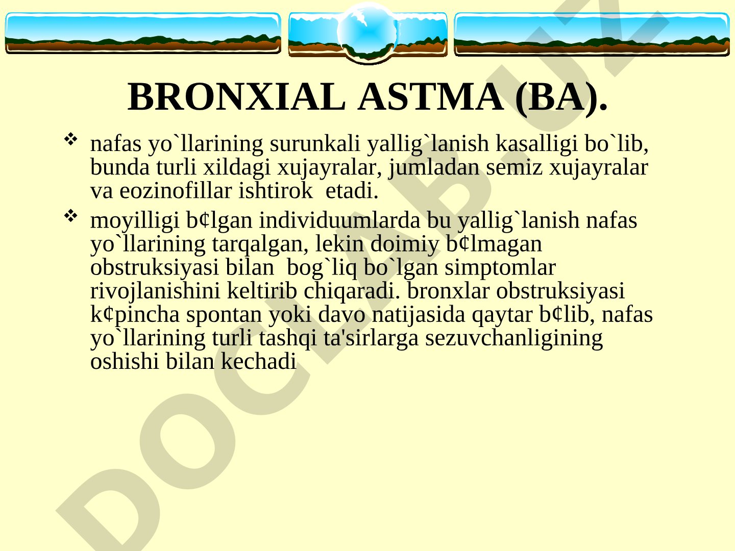 Bronxial astma nafas yo'llarining surunkali yallig'lanish kasalligi, tarqalishi 4-10%