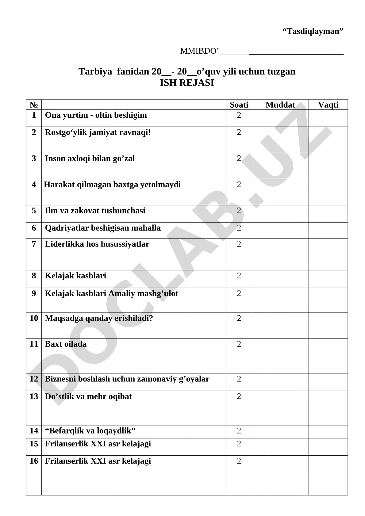 Tarbiya fanidan ish rejasi