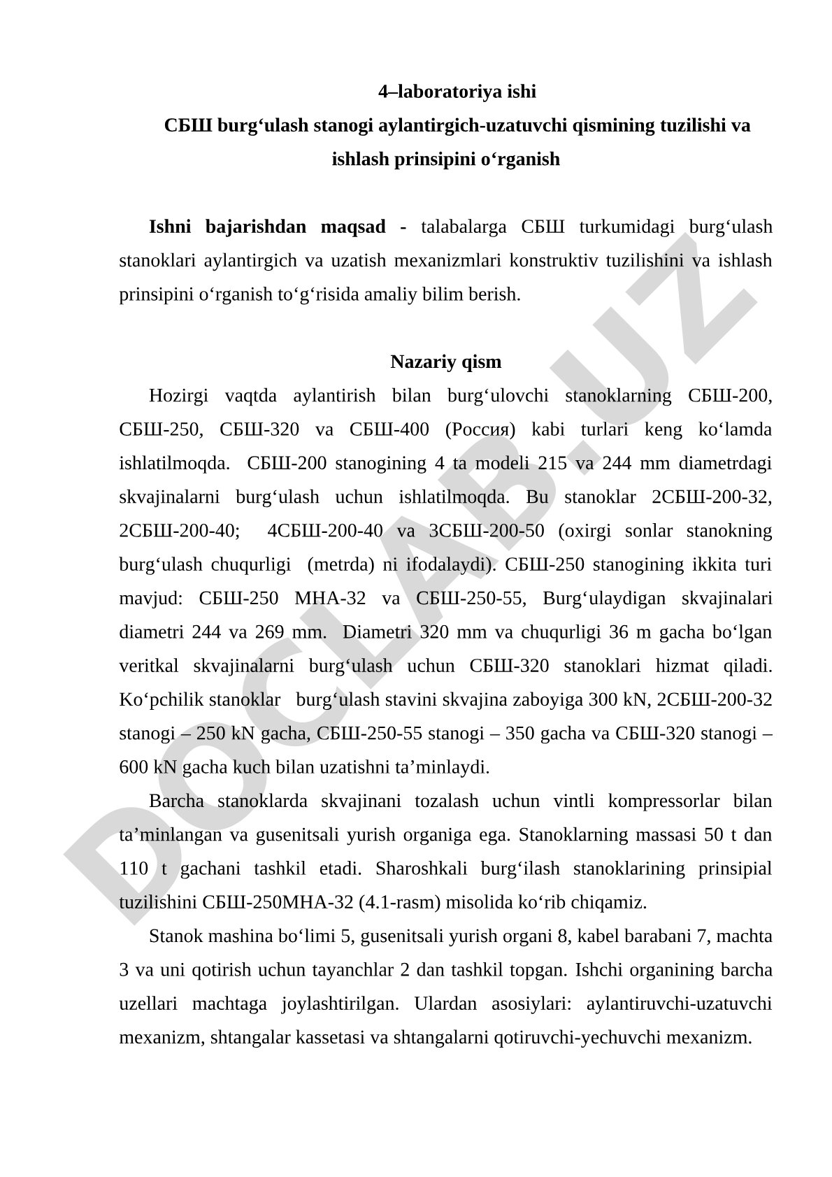 SBSh burg‘ulash stanogi aylantirgich-uzatuvchi qismining tuzilishi va ishlash prinsipini o‘rganish