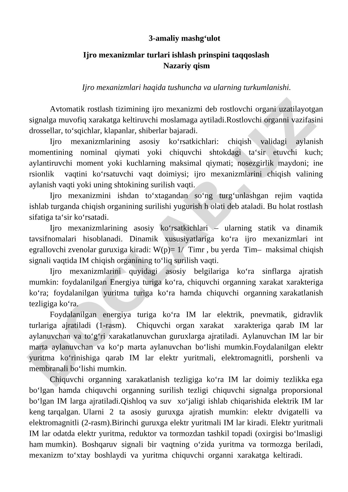 3-amaliy mashg‘ulot Ijro mexanizmlar turlari ishlash prinspini taqqoslash