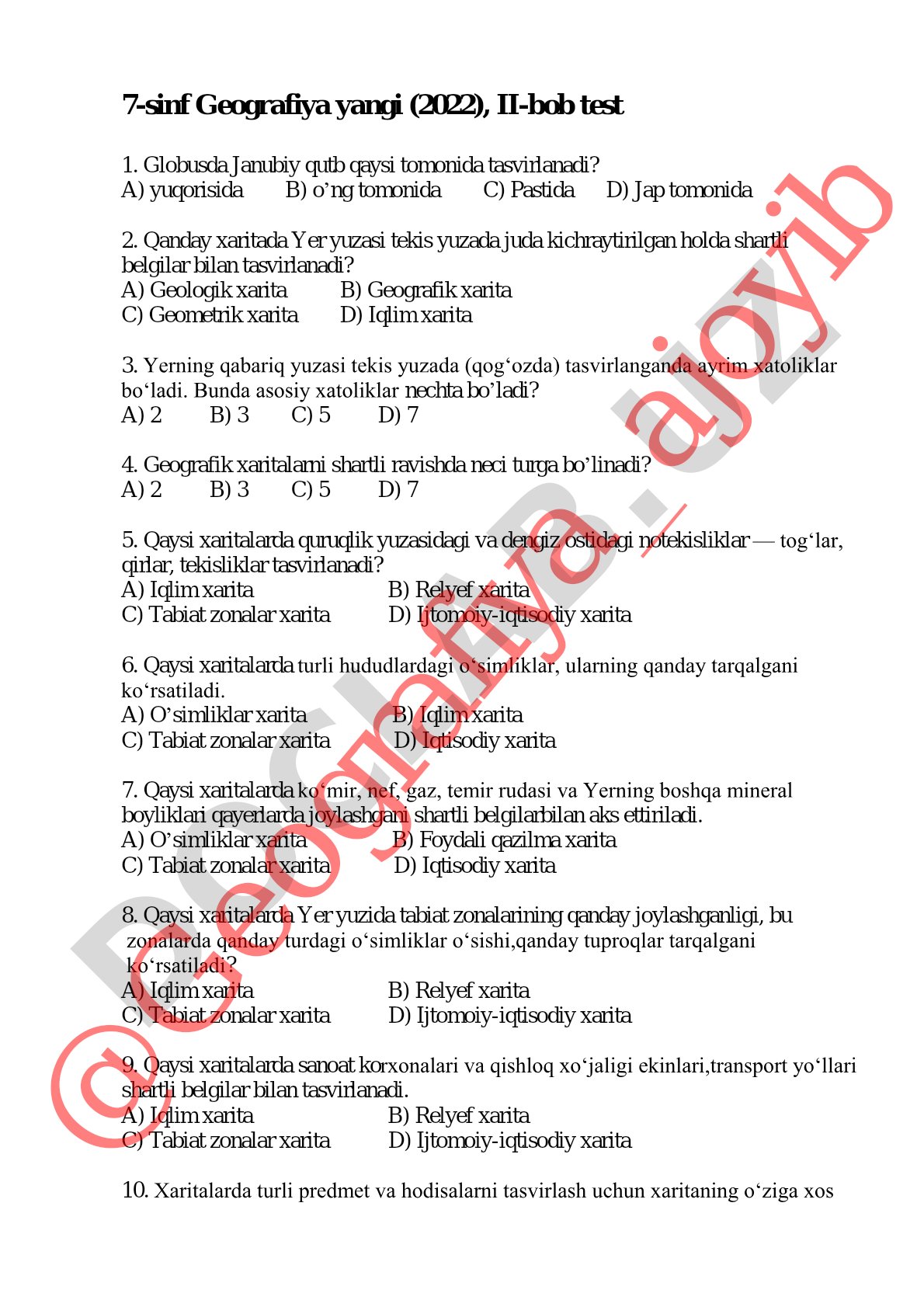 7-sinf Geografiya yangi (2022) II-bob test savollari