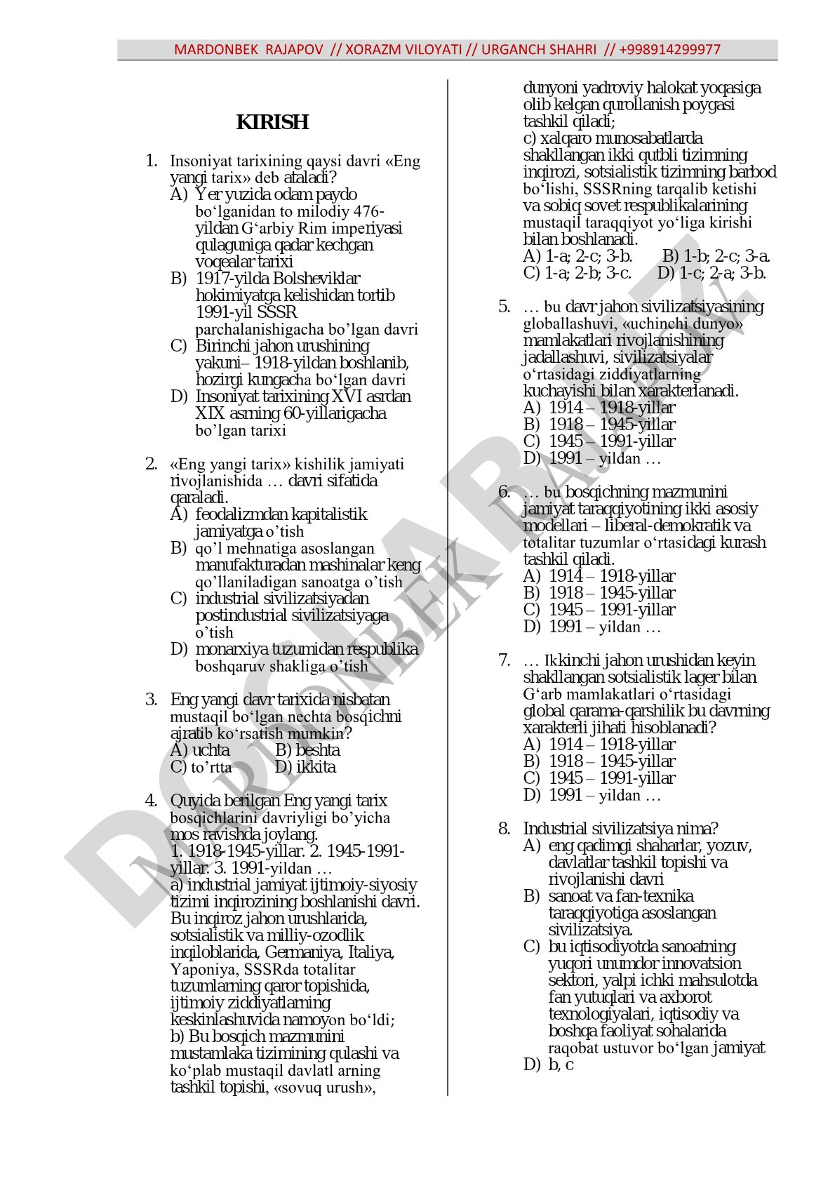 Eng yangi tarix fanidan test savollari