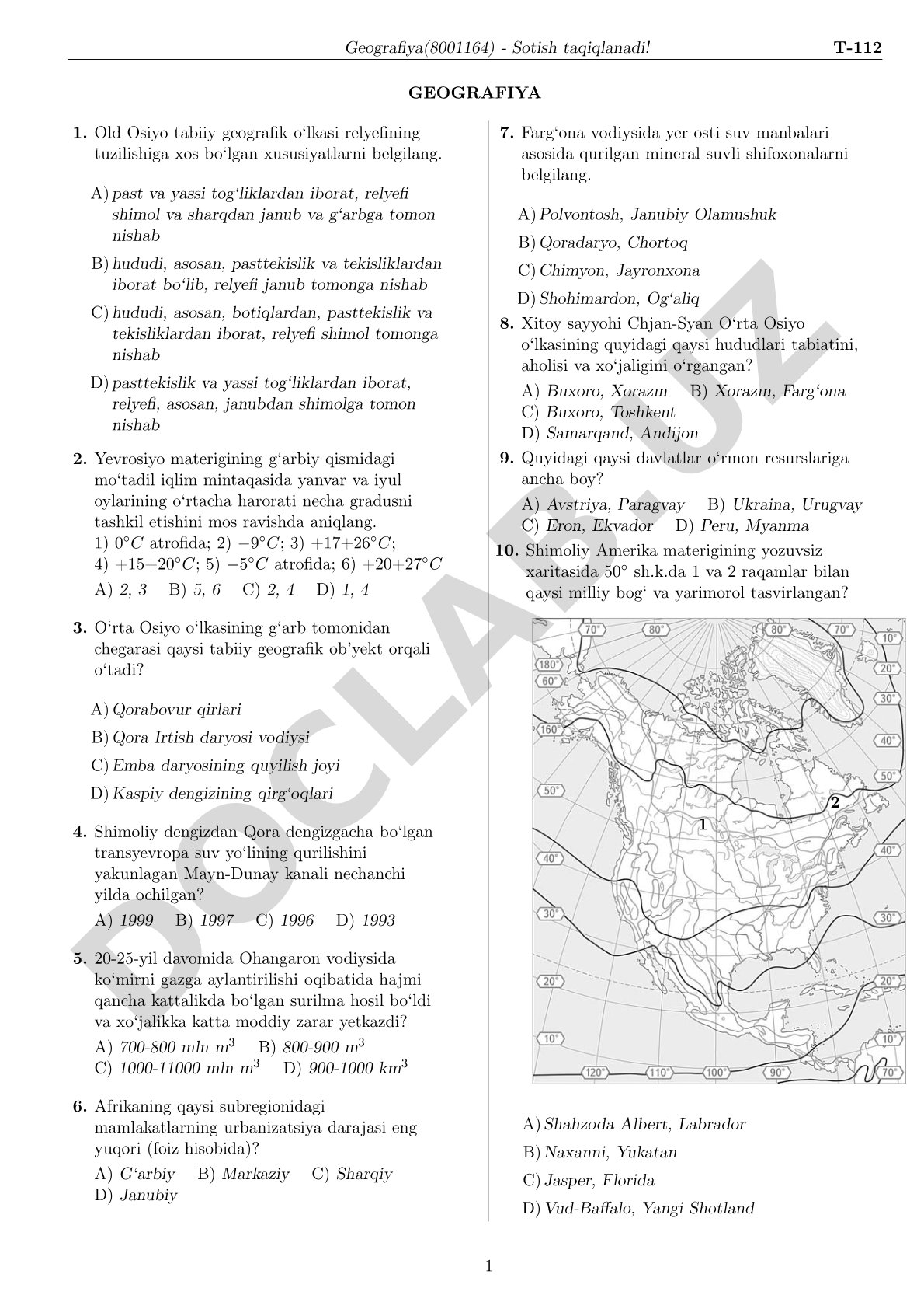 Geografiya test savollari