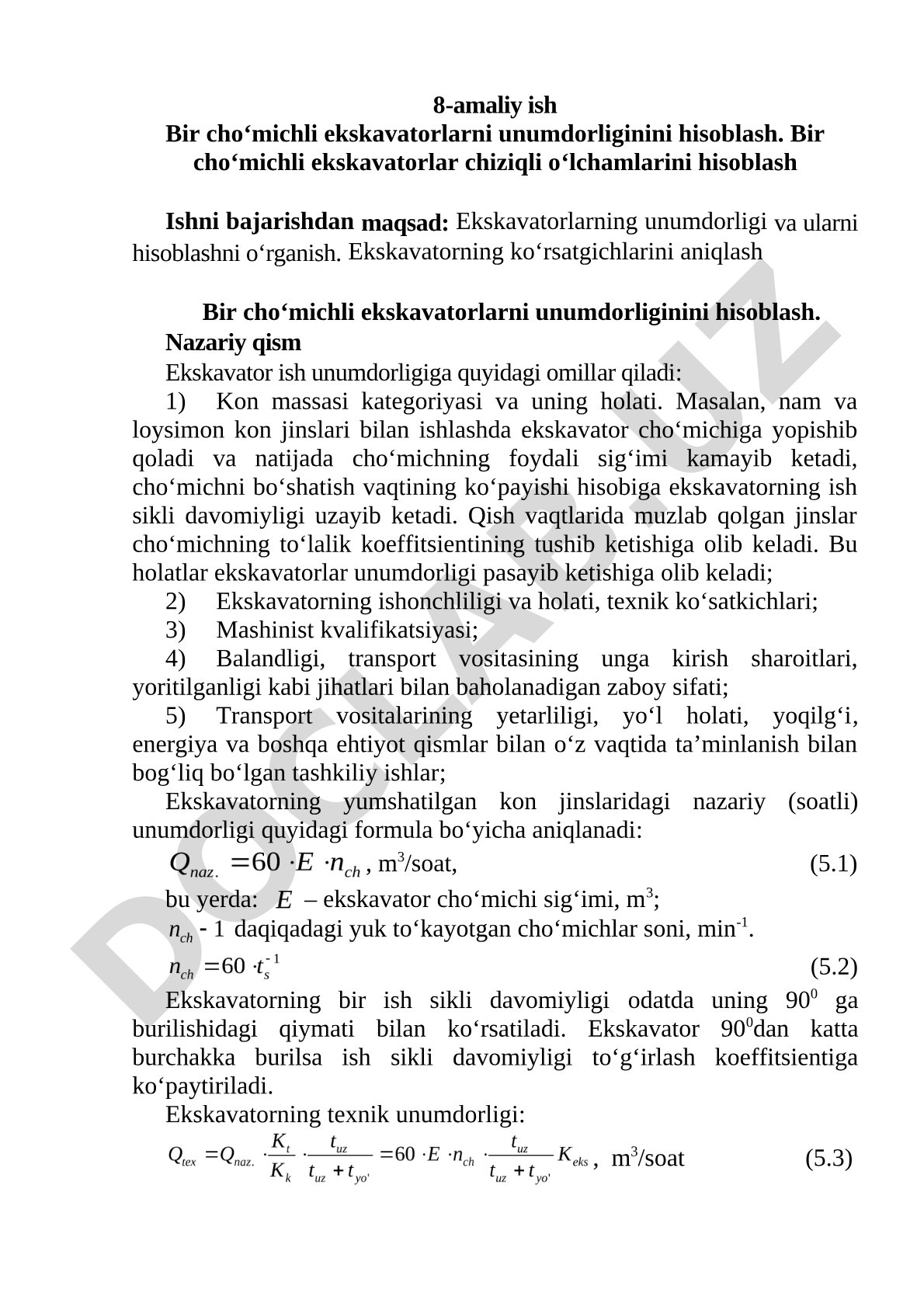 Bir cho‘michli ekskavatorlarni unumdorliginini hisoblash