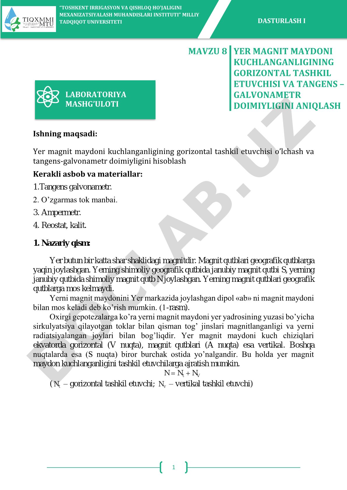 Yer magnit maydoni kuchlanganligining gorizontal tashkil etuvchisi va tangens – galvonametr doimiyligini aniqlash