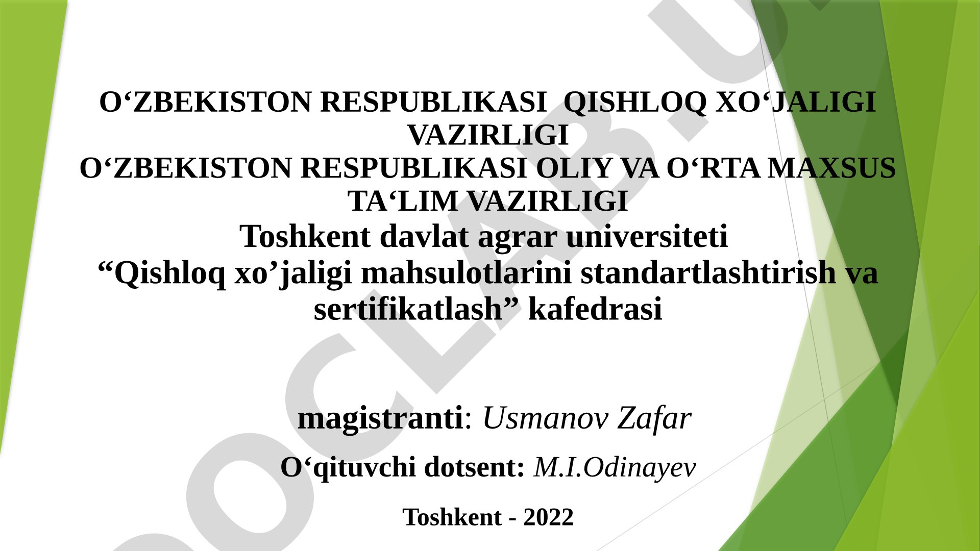 O’zbekiston Respublikasining “Muvofiqlikni baholash to’g’risidagi” qonunida mahsulotlarni sifat va xavfsizligini ta’minlash talablari