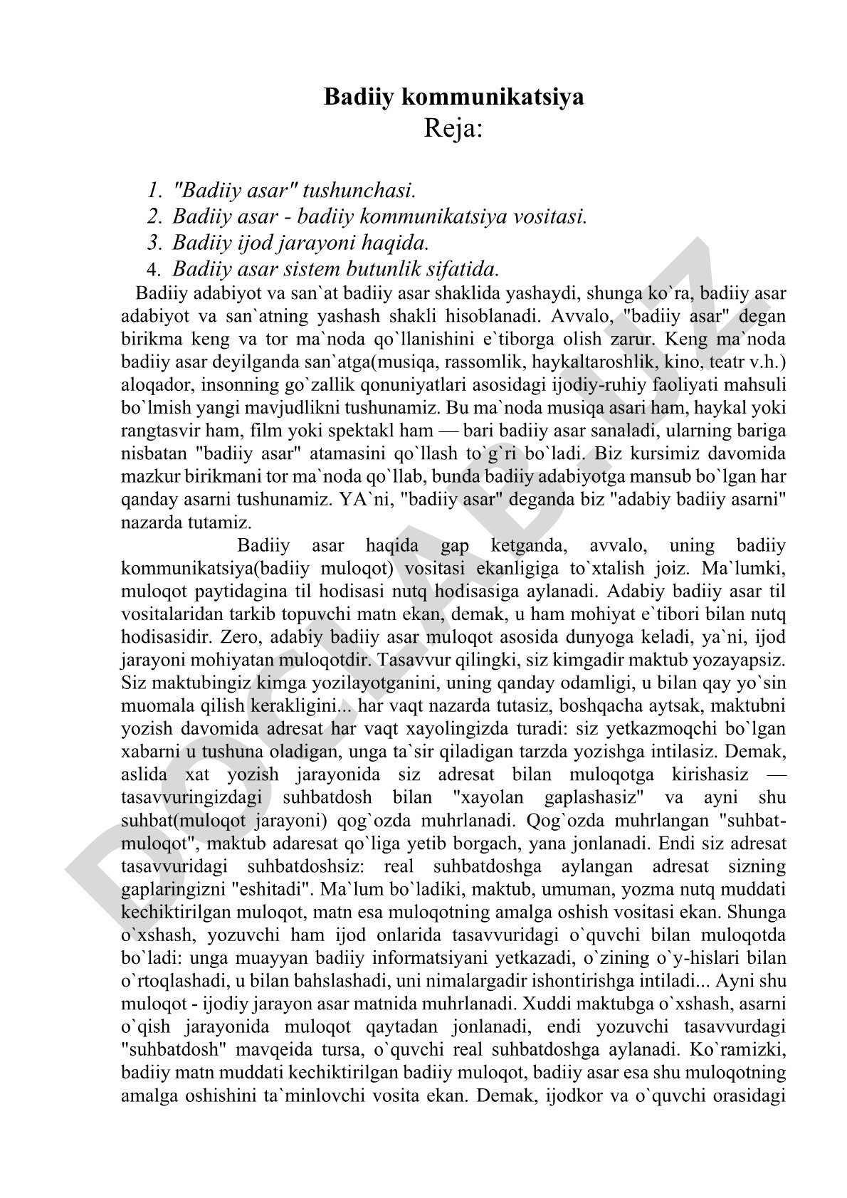 Badiiy asar badiiy kommunikatsiya vositasi sifatida tahlil qilinadi