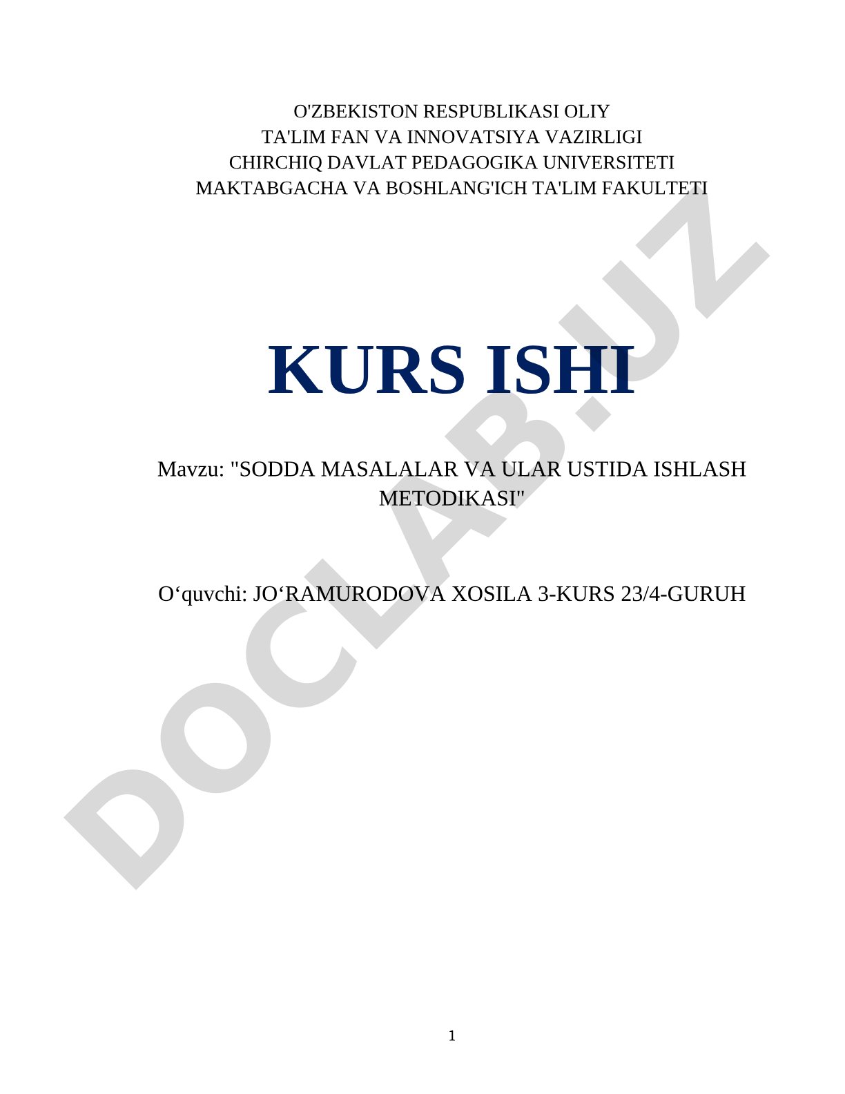 Sodda masalalar va ular ustida ishlash metodikasi