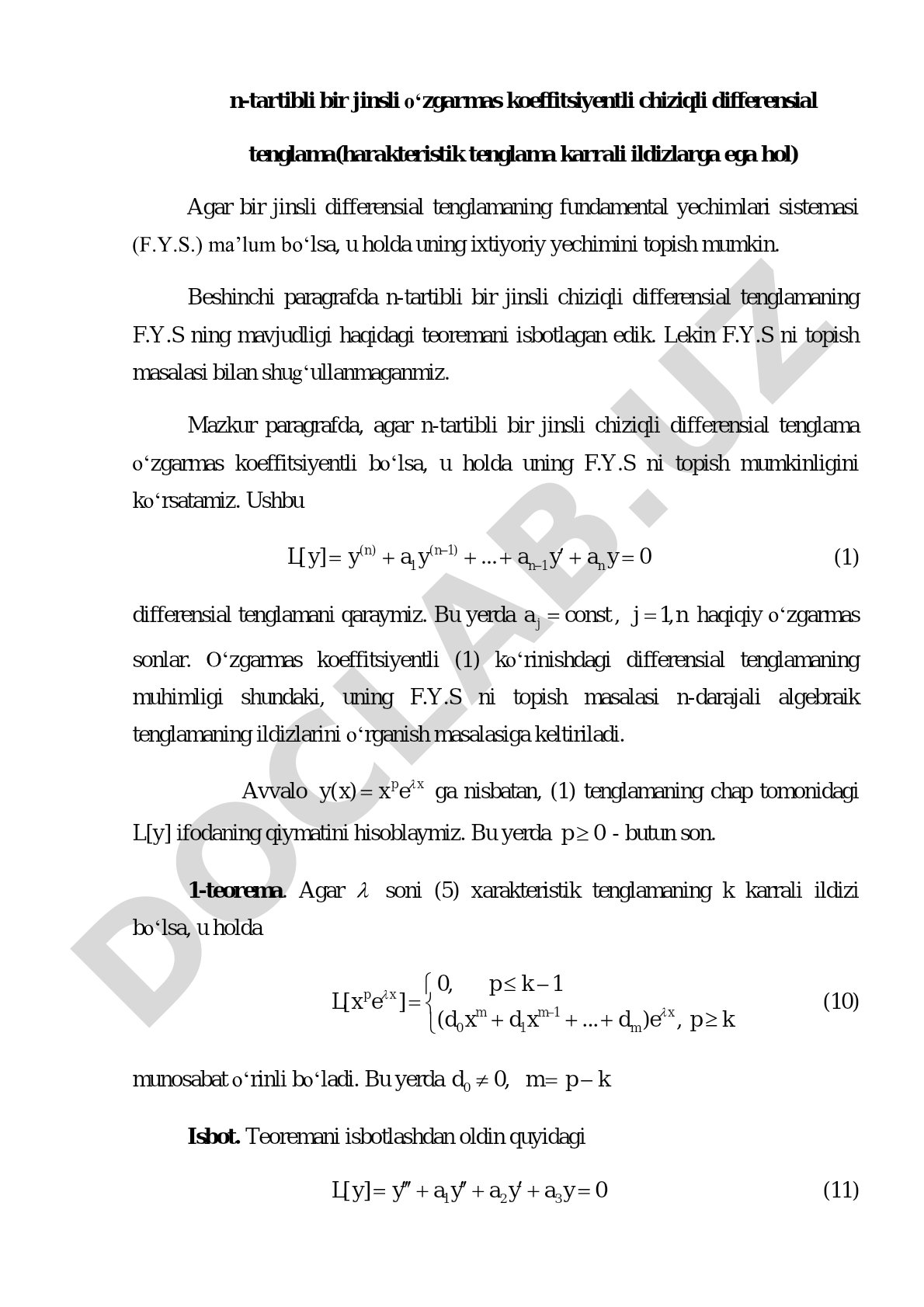 n-tartibli bir jinsli o‘zgarmas koeffitsiyentli chiziqli differensial tenglama (harakteristik tenglama karrali ildizlarga ega hol)