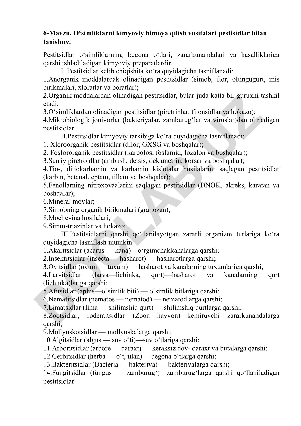 O‘simliklarni kimyoviy himoya qilish vositalari pestisidlar bilan tanishuv