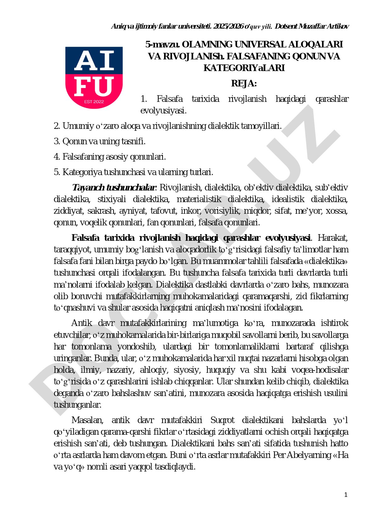 Olamning universal aloqalari va rivojlanish. Falsafaning qonun va kategoriyalari