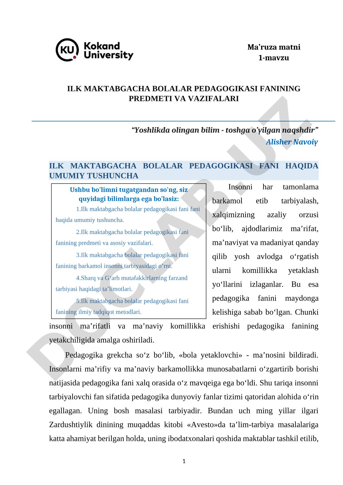 Ilk maktabgacha bolalar pedagogikasi fanining predmeti va vazifalari