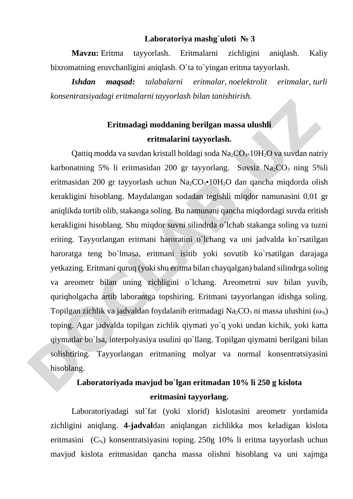 Eritma tayyorlash. Eritmalarni zichligini aniqlash. Kaliy bixromatning eruvchanligini aniqlash. O'ta to'yingan eritma tayyorlash.