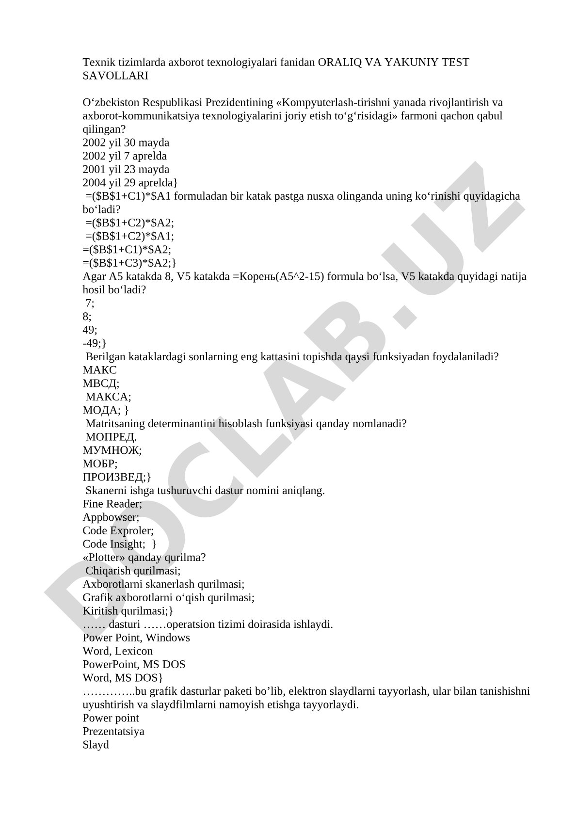 Texnik tizimlarda axborot texnologiyalari fanidan oraliq va yakuniy test savollari